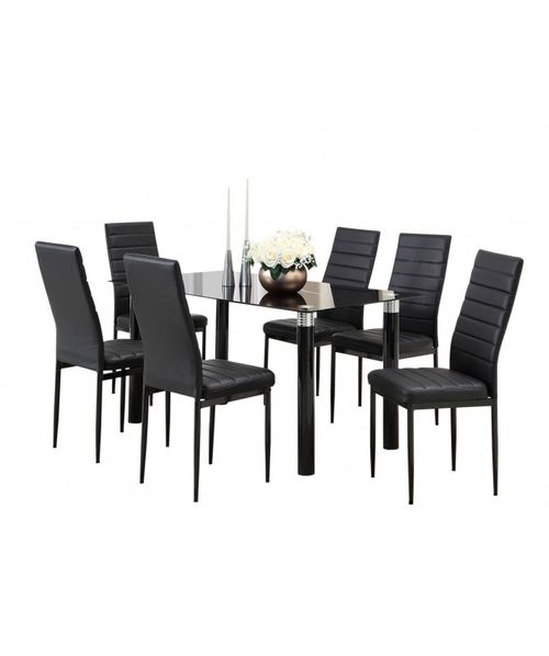 Comedor de 6 sillas con vidrio, en blanco, gris y negro