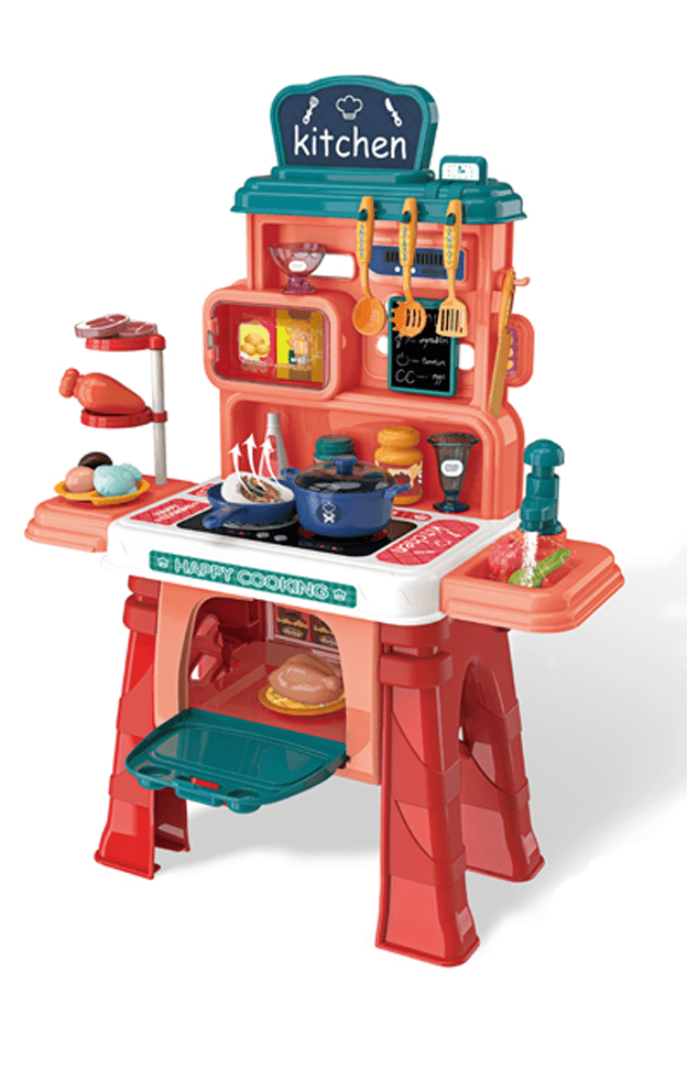 RELAX4LIFE Cocina Juguete con Sonidos y Luces Reales, Cocinita de Madera Infantil con Cafetera, Teléfono, Estufa, Dispensador de Agua, Campana Extractora y Utensilios para Niños 3 Años (Rosa