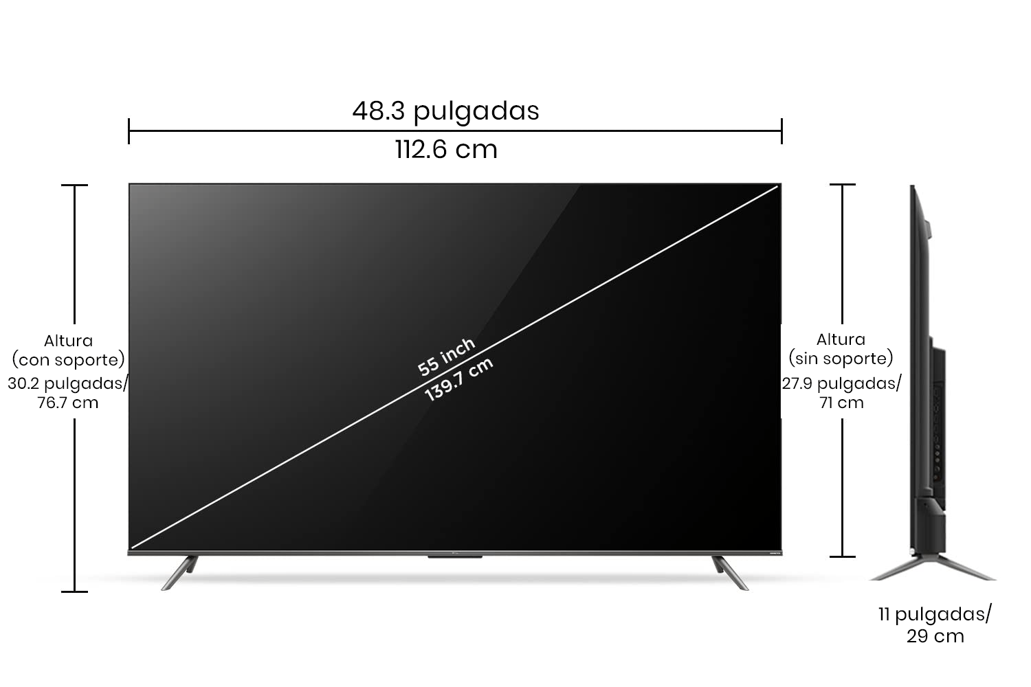 Cuánto mide una pantalla de 55 pulgadas en centímetros?​