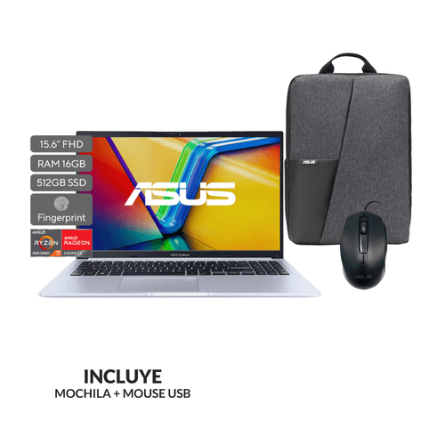 Laptop Asus Vivobook 15 AMD R7-7730U 16GB 512GB 15.6"FHD Silver FreeDOS + Mouse & Mochila