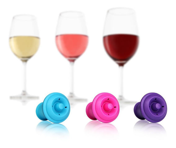 TAPON AL VACIO PARA VINO VACU VIN 3PCS COLOR ROSA/CELESTE/MORADO